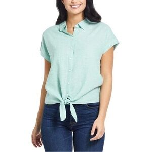 Weatherproof Vintage Washable Linen Blend Tie Short Sleeve Top Size XL